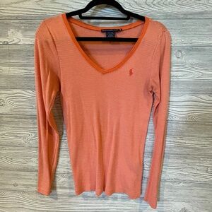 RALPH LAUREN SPORT Women's Orange White Striped V Neck Long Sleeve Shirt Medium